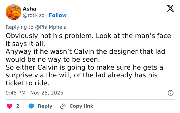 Tweet about Calvin Klein, 83, stumbling and public reaction to his 36-year-old boyfriend&rsquo;s response.
