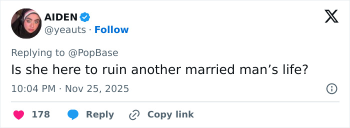 Screenshot of a social media post roasting Ariana Grande for home wrecking after an intimate interaction with Jonathan Bailey.