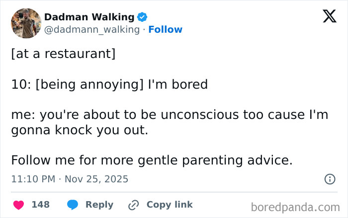 Screenshot of a funny parenting tweet showing a dad jokingly warning his annoying child at a restaurant during quiet time.