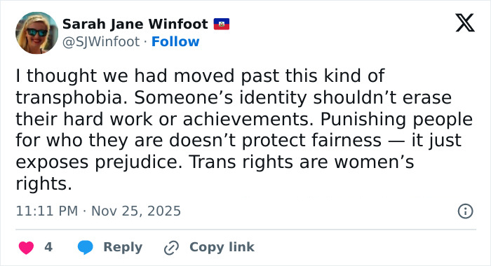 Tweet expressing concern about fairness and trans rights after world’s strongest woman crown was revoked due to birth gender discovery. Tweet expressing concern about fairness and trans rights after world’s strongest woman crown was revoked due to birth gender discovery.