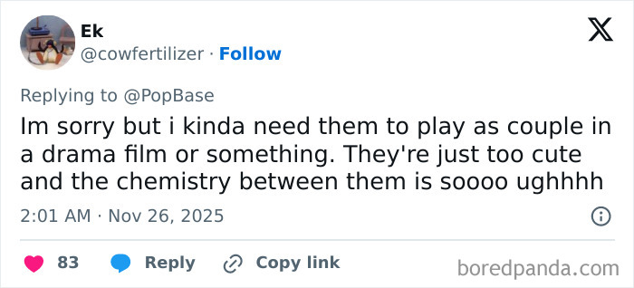 Twitter user Ek expressing a desire for Ariana Grande and Jonathan Bailey to play a couple, highlighting their chemistry and cuteness.