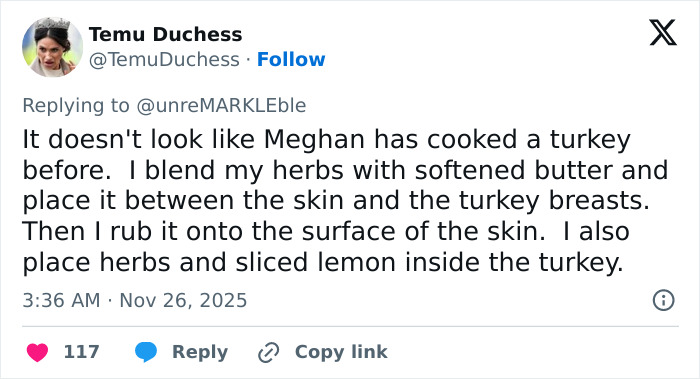 Tweet criticizing Meghan Markle&rsquo;s turkey cooking skills shared on social media amid Thanksgiving turkey faux pas debate.