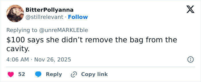 Screenshot of a social media comment mocking Meghan Markle&rsquo;s Thanksgiving turkey preparation error online.