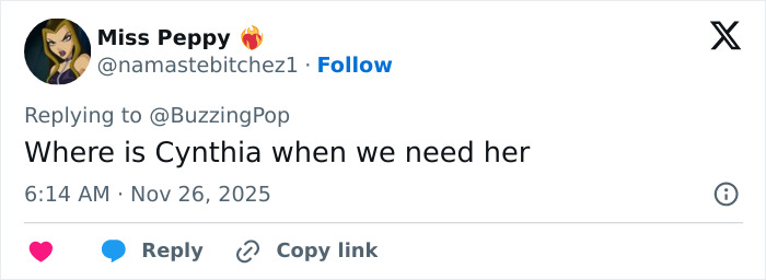 Twitter user Miss Peppy replying to BuzzingPop, commenting with a humorous remark about Cynthia's absence.