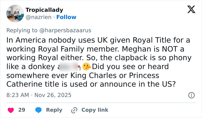 Tweet criticizing Meghan Markle’s royal title use, highlighting hypocrisy and awkward royal gesture controversy online. Tweet criticizing Meghan Markle’s royal title use, highlighting hypocrisy and awkward royal gesture controversy online.