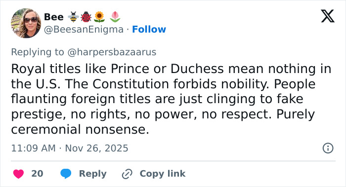 Tweet criticizing Meghan Markle’s royal titles as hypocritical and ceremonial nonsense in a U.S. context. Tweet criticizing Meghan Markle’s royal titles as hypocritical and ceremonial nonsense in a U.S. context.