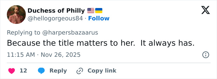 Tweet from user Duchess of Philly responding to a comment about Meghan Markle’s royal gesture being called hypocritical. Tweet from user Duchess of Philly responding to a comment about Meghan Markle’s royal gesture being called hypocritical.