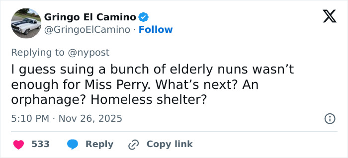 Tweet criticizing Katy Perry suing elderly individuals, sparking support amid controversy over veteran lawsuit. Tweet criticizing Katy Perry suing elderly individuals, sparking support amid controversy over veteran lawsuit.