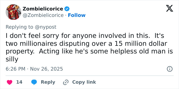 Tweet discussing Katy Perry suing an 85-year-old veteran, with people supporting her in the legal dispute over property. Tweet discussing Katy Perry suing an 85-year-old veteran, with people supporting her in the legal dispute over property.