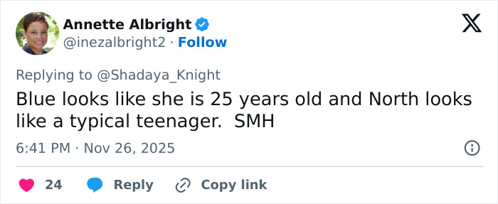 Tweet screenshot showing a user comparing Blue Ivy and North West, sparking debate over celebrity parenting.