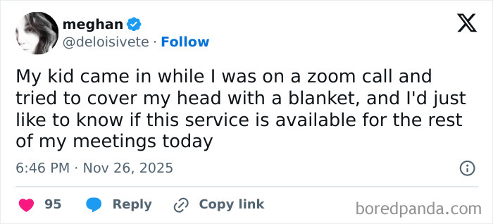 Tweet from parent sharing a funny moment during quiet time about a child interrupting a Zoom call with a blanket.