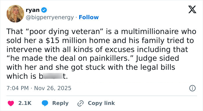 Tweet about Katy Perry suing an 85-year-old gravely ill veteran and public support during the $5 million lawsuit controversy. Tweet about Katy Perry suing an 85-year-old gravely ill veteran and public support during the $5 million lawsuit controversy.