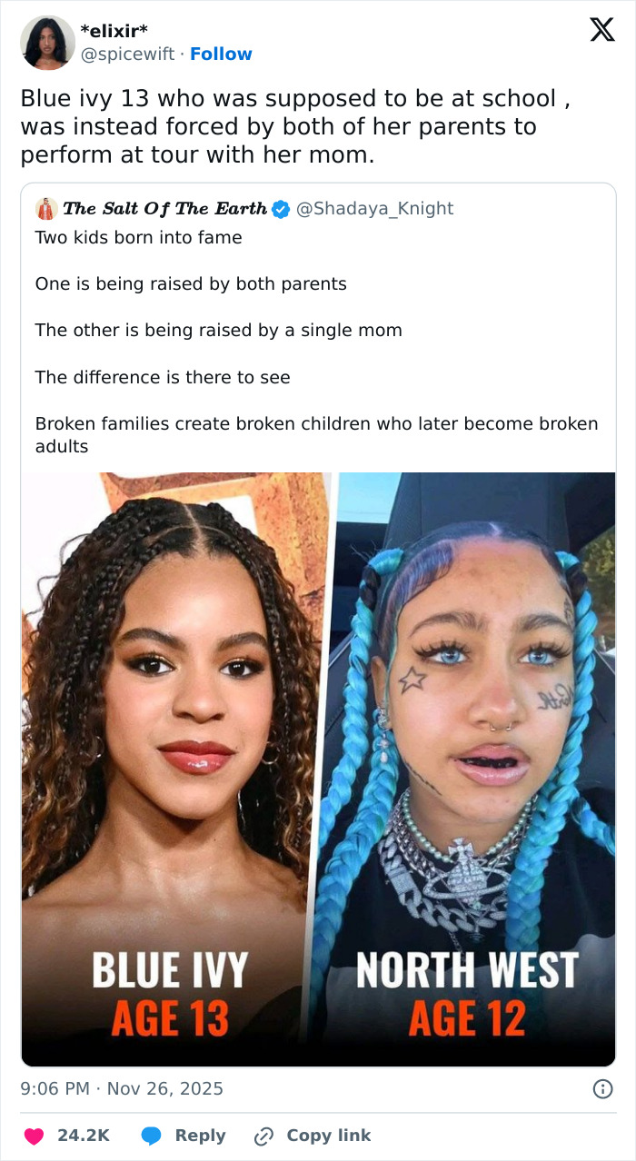 Side-by-side images of North West and Blue Ivy sparking debate over celebrity parenting and kids born into fame.