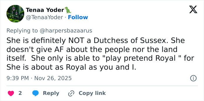 Tweet criticizing Meghan Markle’s royal gesture, calling her breathtakingly hypocritical and questioning her authenticity. Tweet criticizing Meghan Markle’s royal gesture, calling her breathtakingly hypocritical and questioning her authenticity.