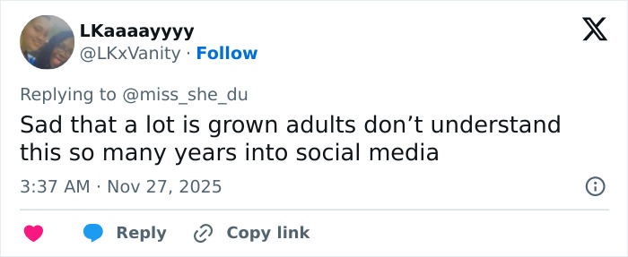 Tweet by user LKxaaayyy expressing concern about grown adults not understanding social media risks related to posting about children. Tweet by user LKxaaayyy expressing concern about grown adults not understanding social media risks related to posting about children.