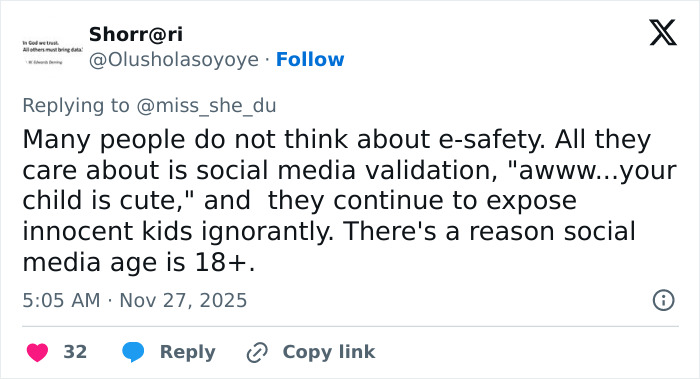 Tweet about parents overlooking e-safety, seeking social media validation, and exposing children online risks. Tweet about parents overlooking e-safety, seeking social media validation, and exposing children online risks.