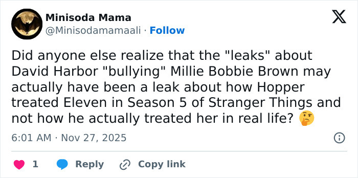 Tweet discussing alleged bullying of Millie Bobby Brown by David Harbor related to Stranger Things Season 5 leaks.