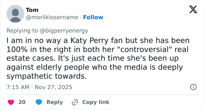 Social media support for Katy Perry amid lawsuit involving gravely ill 85-year-old veteran and $5 million claim. Social media support for Katy Perry amid lawsuit involving gravely ill 85-year-old veteran and $5 million claim.