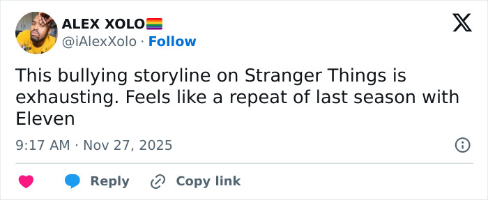 Screenshot of a Twitter post discussing the exhausting bullying storyline on Stranger Things involving Eleven.
