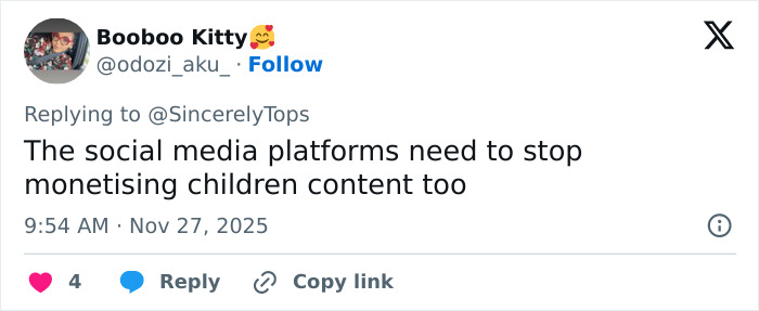 Tweet from user Booboo Kitty urging social media platforms to stop monetising children content, highlighting parental concerns online. Tweet from user Booboo Kitty urging social media platforms to stop monetising children content, highlighting parental concerns online.