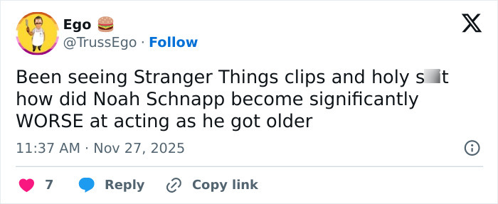 Tweet criticizing Stranger Things star Noah Schnapp’s acting, highlighting child actors becoming terrible adult actors. Tweet criticizing Stranger Things star Noah Schnapp’s acting, highlighting child actors becoming terrible adult actors.