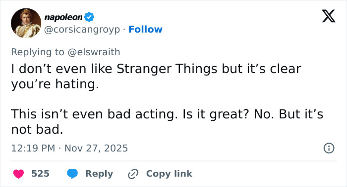 A social media reply defending Stranger Things star's acting, discussing child actors becoming terrible adult actors. A social media reply defending Stranger Things star's acting, discussing child actors becoming terrible adult actors.