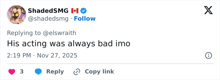 Tweet from a user criticizing child actors, commenting that his acting was always bad in a social media post. Tweet from a user criticizing child actors, commenting that his acting was always bad in a social media post.