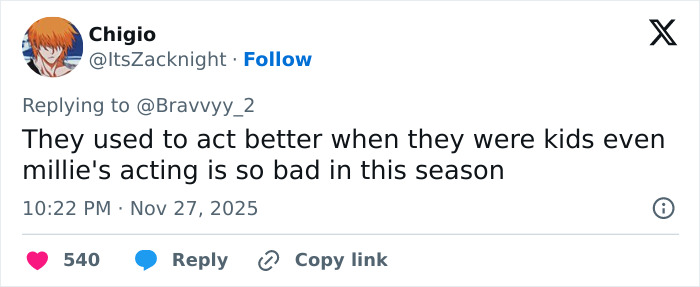 Tweet criticizes child actors turning into terrible adult actors, highlighting poor performance in new Stranger Things season. Tweet criticizes child actors turning into terrible adult actors, highlighting poor performance in new Stranger Things season.