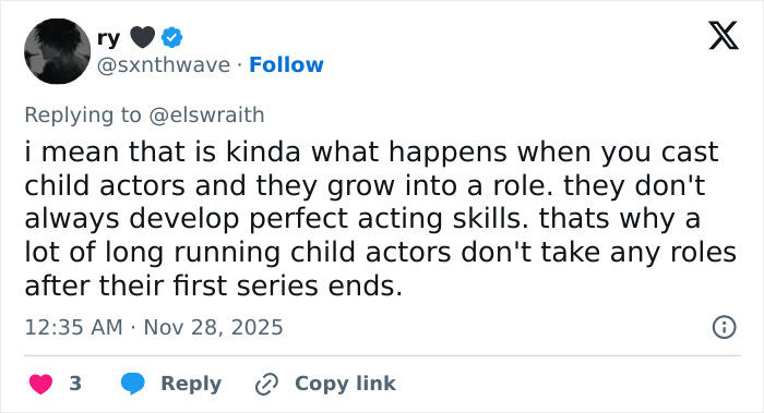 Tweet discussing how child actors often fail to develop strong acting skills and struggle as adult actors in long-running roles. Tweet discussing how child actors often fail to develop strong acting skills and struggle as adult actors in long-running roles.