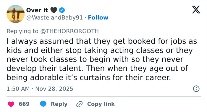 Tweet discussing how child actors often fail to develop talent and struggle as terrible adult actors in their careers. Tweet discussing how child actors often fail to develop talent and struggle as terrible adult actors in their careers.