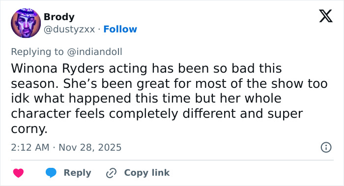 Screenshot of a social media post criticizing a Stranger Things star’s acting, highlighting child actors becoming terrible adult actors. Screenshot of a social media post criticizing a Stranger Things star’s acting, highlighting child actors becoming terrible adult actors.