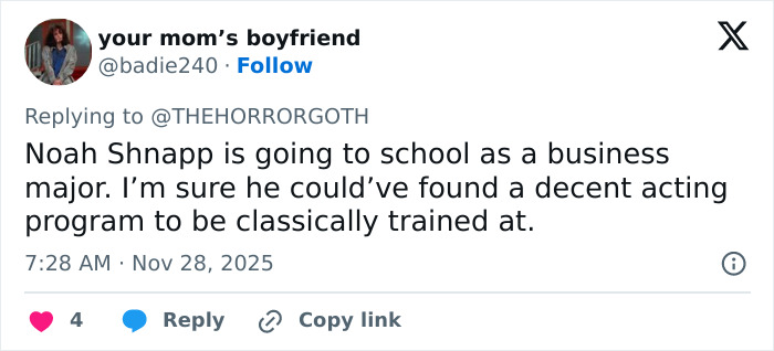 Tweet criticizing child actors becoming terrible adult actors, mentioning Stranger Things star Noah Schnapp's performance. Tweet criticizing child actors becoming terrible adult actors, mentioning Stranger Things star Noah Schnapp's performance.