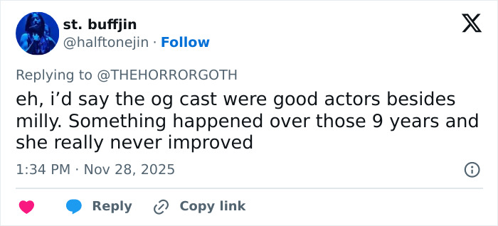 Social media comment criticizing a Stranger Things child actor's performance, discussing child actors becoming terrible adult actors. Social media comment criticizing a Stranger Things child actor's performance, discussing child actors becoming terrible adult actors.