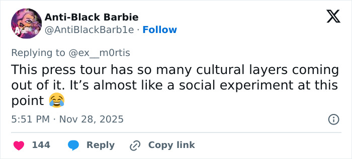 Tweet discussing cultural layers and social experiment aspects of a press tour amid Wicked cast selfie controversy on disability inclusion.