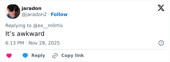 User jaradon replies to a tweet saying its awkward, referencing Wicked cast selfie sparking debate on disability inclusion.