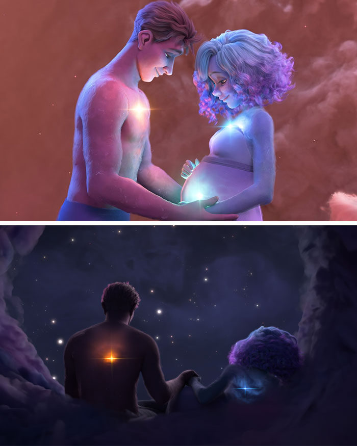 Animated scene showing a glowing pregnant woman and man, highlighting themes of heterosexual breeding propaganda in Disney films.