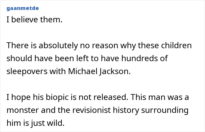 Text excerpt showing opinion on siblings&rsquo; disturbing new allegations against Michael Jackson amid biopic trailer release.
