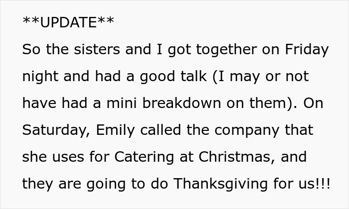 Text update about woman asking for a break in hosting traditional family Thanksgiving and family reactions.