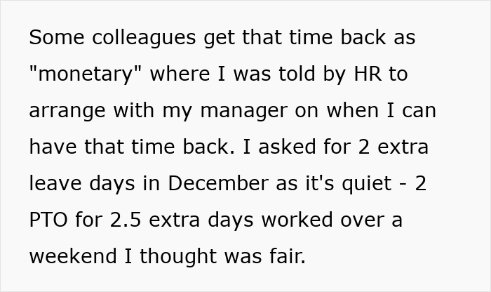 Text screenshot showing a manager letting an employee take time off and the employee explaining their PTO arrangement with HR.