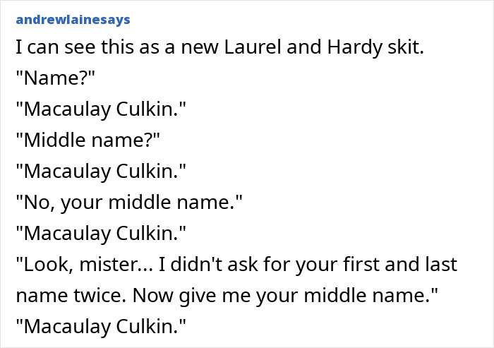 Text post showing a humorous skit about Macaulay Culkin legally changing his name to Macaulay Culkin.