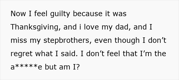 Text expressing guilt about a Thanksgiving incident involving a stepdaughter’s sexuality and stepbrothers is shown. Text expressing guilt about a Thanksgiving incident involving a stepdaughter’s sexuality and stepbrothers is shown.