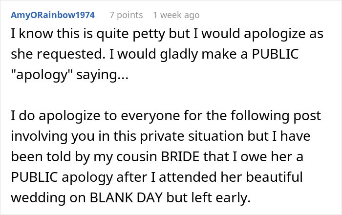Comment by AmyORainbow1974 apologizing for leaving her cousin bride's wedding early, causing cousin to be mad over the dress.