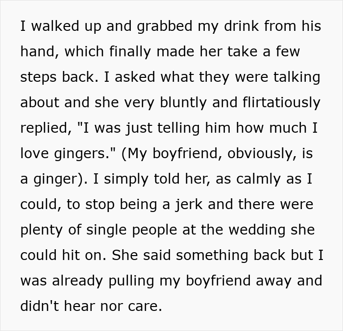 Text excerpt of a polyamorous woman making a pass at a taken guy and his girlfriend confronting her at a wedding.