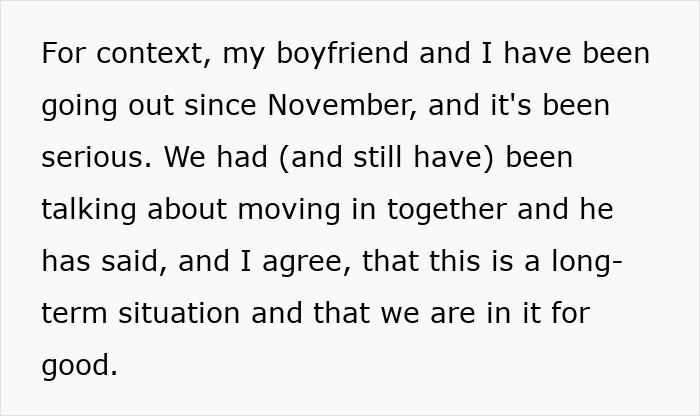 Text excerpt describing a serious relationship and plans to move in together after a romantic trip with a female friend. Text excerpt describing a serious relationship and plans to move in together after a romantic trip with a female friend.