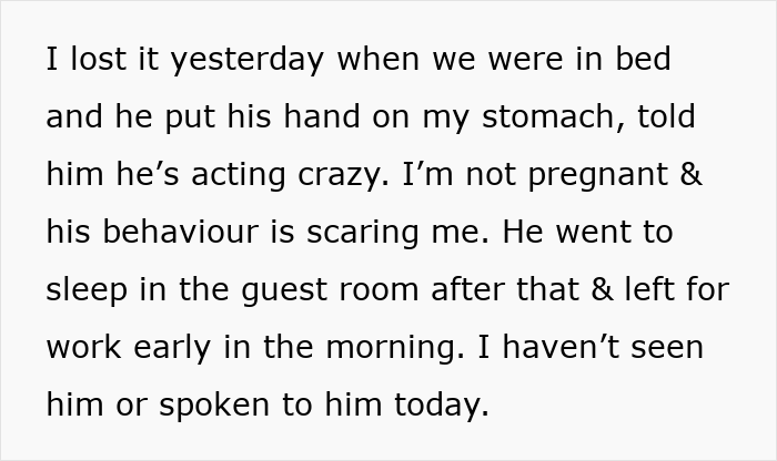 Text showing a woman describing her husband's obsession with her pregnancy that turns out to be a sign of a life-threatening condition.