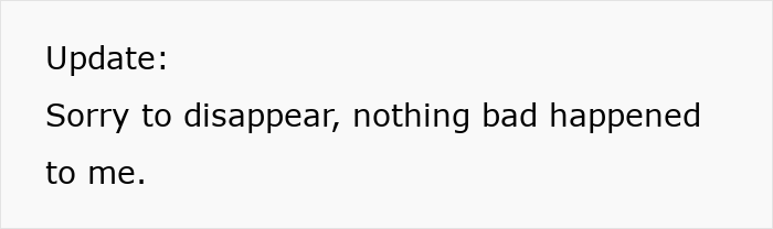 Text update on a plain background, apologizing for disappearing with no bad incident involving mom affair college money dad.