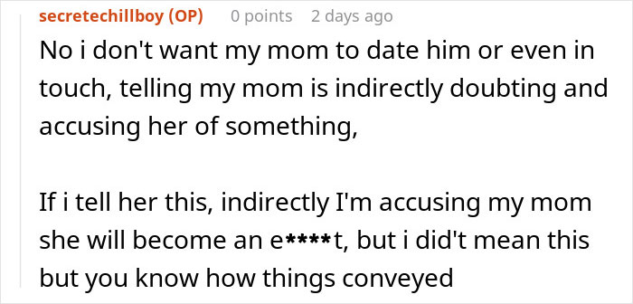 Reddit post text where teen discusses concerns about his recently divorced mom dating a questionable womanizer.