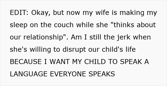 Text post discussing a dad banning daughter from speaking mom&rsquo;s native language, calling it pointless.