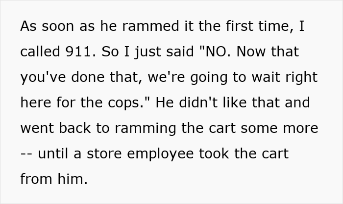 Man attacks car with a shopping cart in parking lot, causing damage while waiting for police intervention.