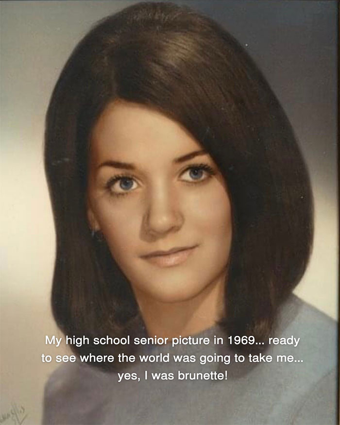 Young woman with brunette hair in 1969 senior photo illustrating aging progress before facelift at 70 years old.